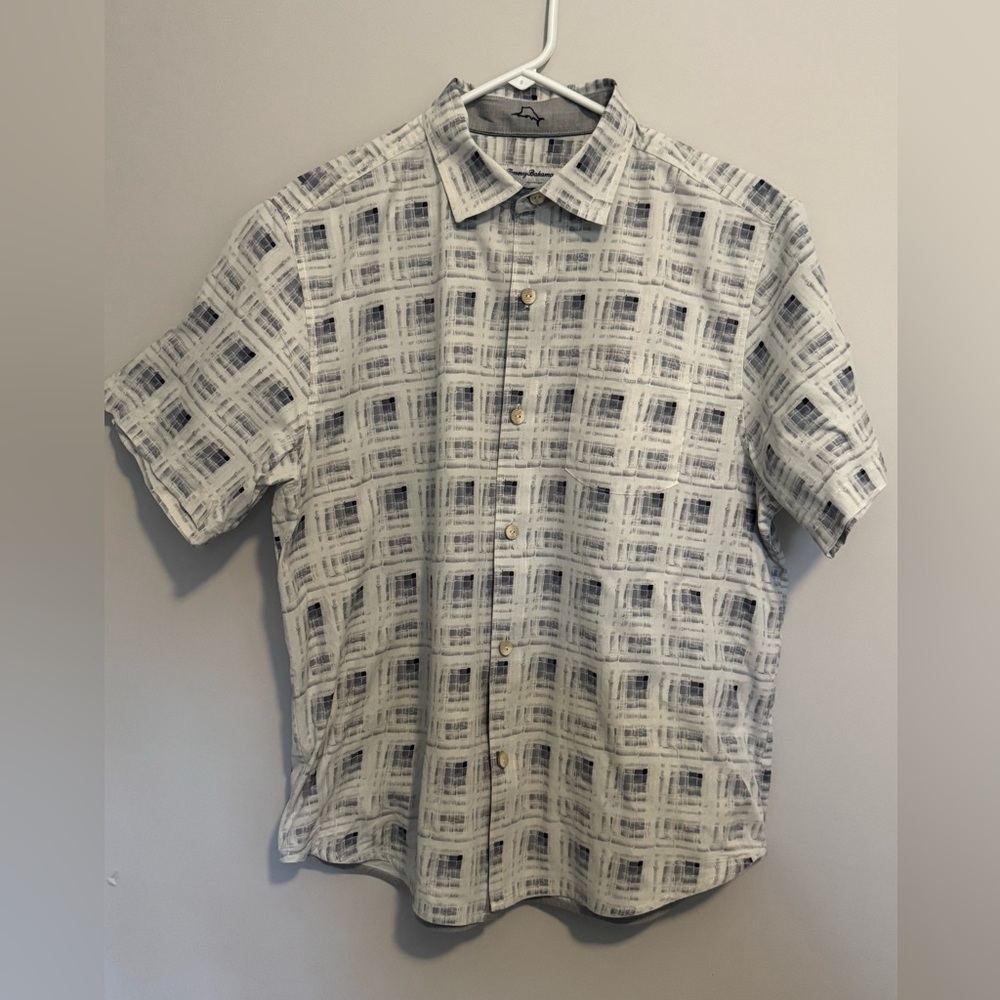 Tommy Bahama Men’s Island Zone Shirt Large Silk Blend Cream Blue Gray Geometric